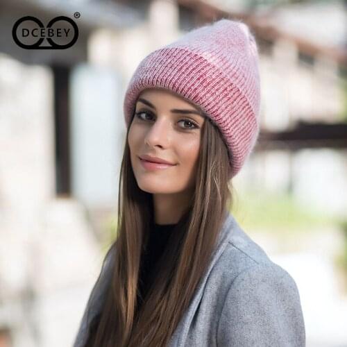 Women knitted Winter Hat female Warm Rabbit fluff beanie Girl Solid Bonnet femme Skullies beanies Soft Hats Womens Winter Caps