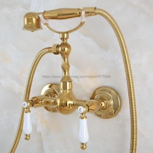 Golden Brass Bathroom Shower Faucet Mixer Tap Double Ceramic Handles With Hand Shower Head Set Wall Mounted Nna842