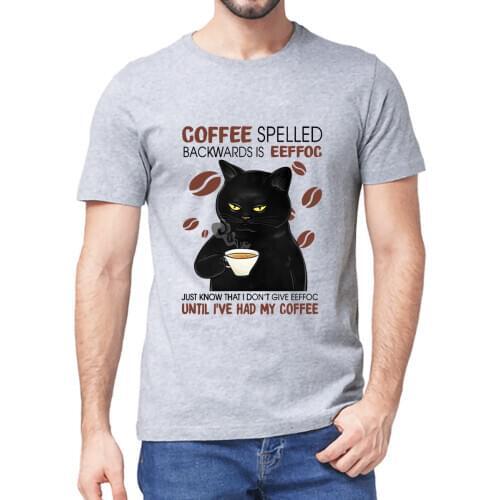 Unisex 100% Premium Cotton Black Cat Coffee Spelled Backwards Is Eeffoc Funny Cat Coffee Lover Mens T Shirt Vintage Women Tee