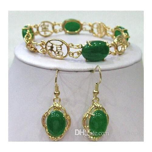 2017 Green Jadeite Beads Link bracelet earrings set>>> Free shipping
