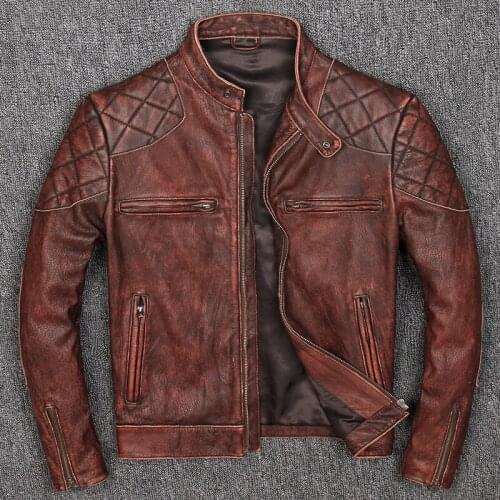 2020 Vintage Brown Men Genuine Bikers Jacket Plus Size XXXL Thick Cowhide Autumn Russian Leather Coat FREE SHIPPING