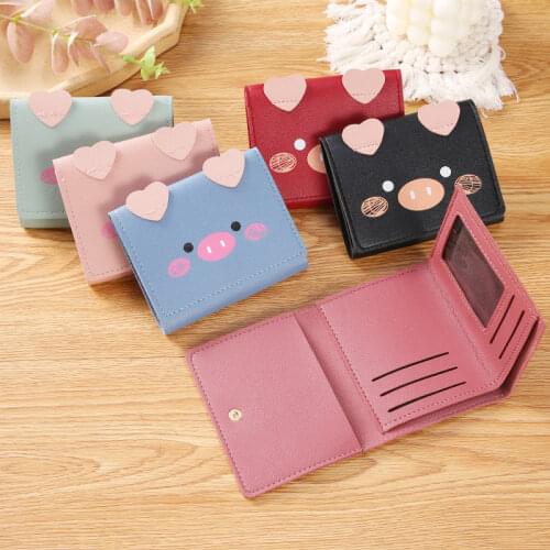 2021 Kawaii Pig Style Short Wallet Women Tri-fold Cute Cartoon Small Girl Wallet PU Leather ID Credit Card Holder Mini Purses