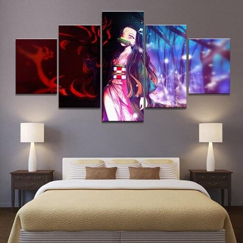 No Framed Canvas 5Pcs Anime Demon Slayer Kimetsu No Yaiba Pictures Wall Home Decor Posters Paintings Living Room Accessories