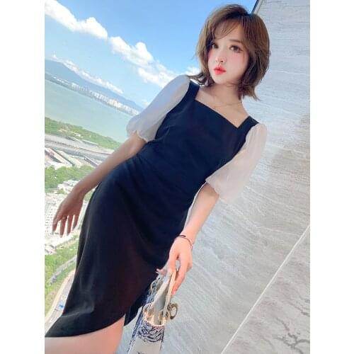 Small square collar stitching color irregular skirt dress amoi lantern sleeve
