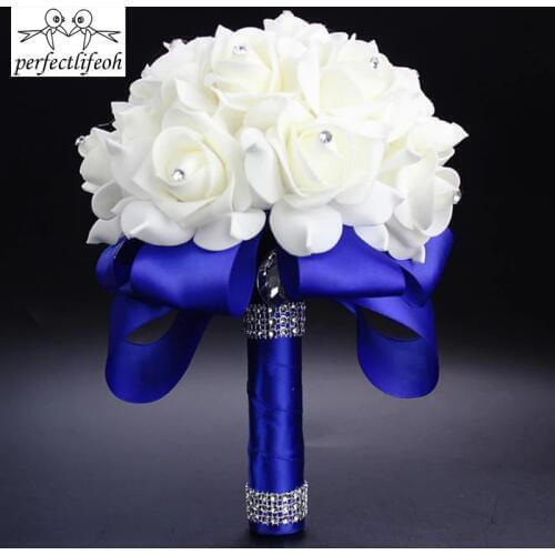 Perfectlifeoh Cheapest PE Rose Bridesmaid Wedding Foam flowers Rose Bridal bouquet Ribbon Fake Wedding bouquet