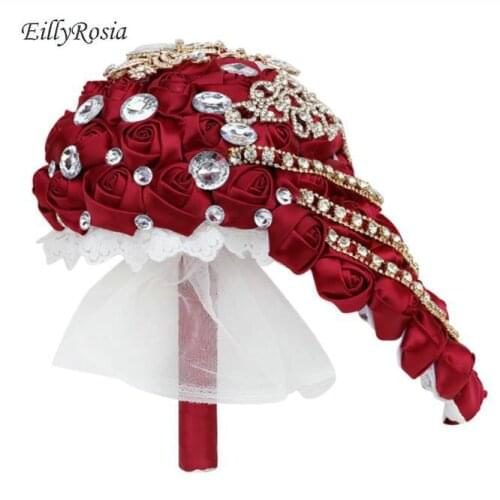 EillyRosia Burgundy Waterfall Brooch Bouquet for Bride Crystals Jewelrys Sequined Tassel Teardrop Wedding Flowers Silk Ribbon
