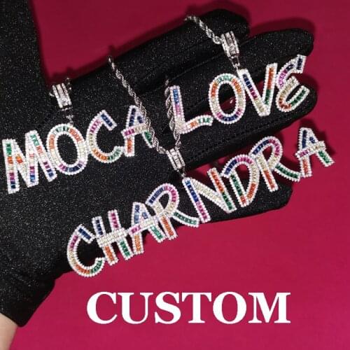 Grandbling Rainbow Color Baguette Letters Name Pendant Customized Word Necklace AAAA Zirconia Hip Hop Jewelry Drop shipping