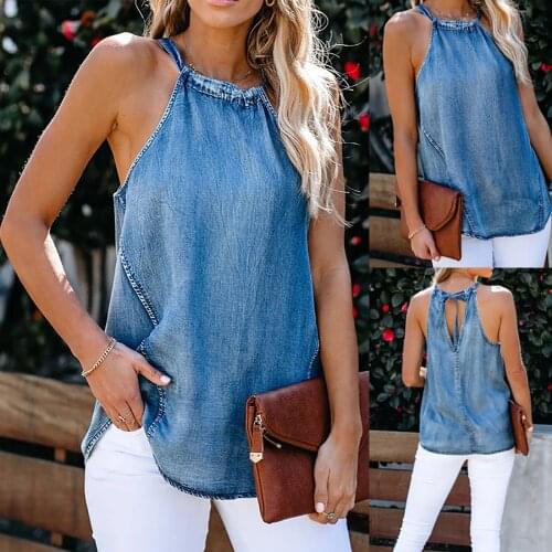 2021 Summer Harajuku Sleeveless Womens Tops Summer Lace-Up Solid Color Halter Sexy Denim Jacket Vest Tops Жилет Женский