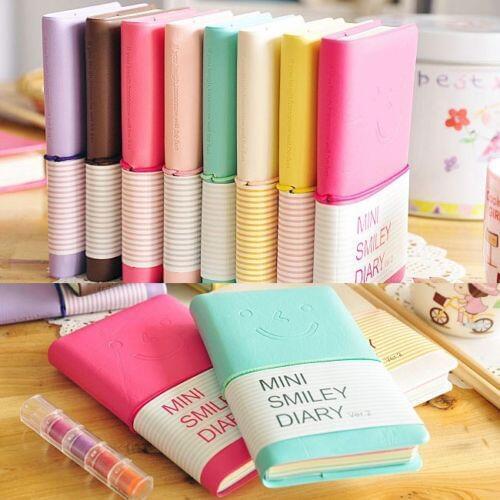 Mini Smiley Diary Notebook Memo Book leather Note Pads Stationery Pocketbook