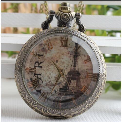 Fashion Glass Case Eiffel Tower Dial Design Pendant Pocket Watch With Necklace Chain Free Shipping Gift Woman