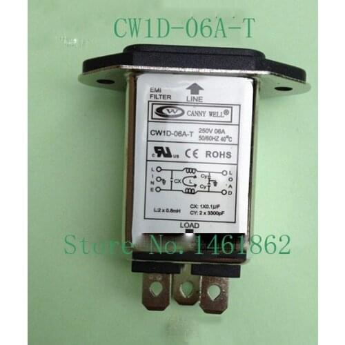 CW1D-06A-T AC 250V 6A Panel Mount Single Phase 3-Pin Soldering Lug Terminal IEC320 C14 Male Inlet Socket Power Line EMI Filter
