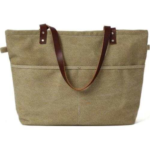 Original Handmade Khaki Canvas bag Leather Canvas Tote Bag Womens Crossbody bag Messenger Bag for Men School Bag Handbag