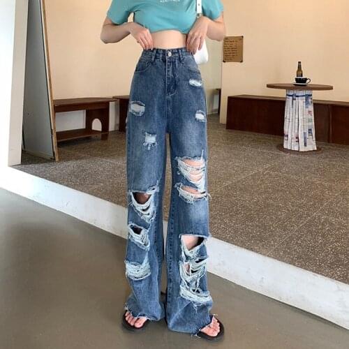 Streetwear Straight Pants Women Hole Jeans High Waist Loose Wide Leg Pants Ladies Jeans Y2K Summer Plus Size High Street Jeans