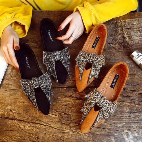 Shine crystal bow-knot pointed toe flats soft flock casual single shoes woman shallow slip on comfy moccasins all match loafers