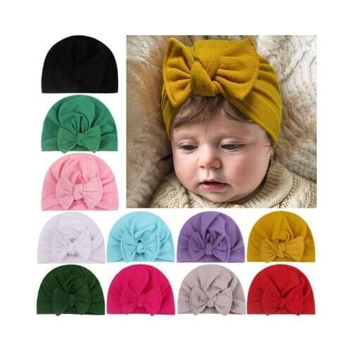 1PCS Cotton Blend Hair Bow Knot Kids Turban Hat Big bow Knot Newborn Beanie Caps Headwraps Birthday Gift Photo Props