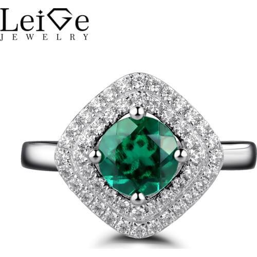 Leige Jewelry Double Halo Emerald Rings for Women 925 Sterling Silver Green Gemstone Wedding Engagement Ring Fine Jewelry