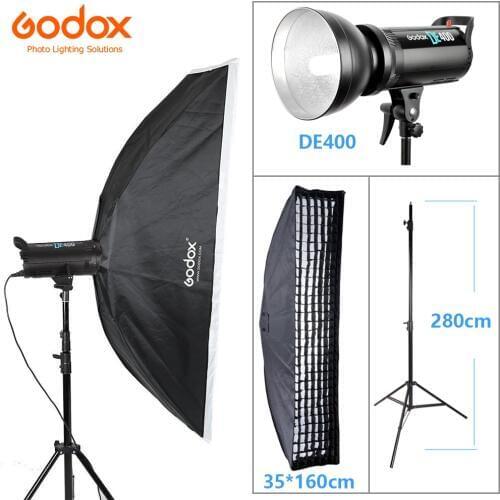 Godox DE400 400W/400WS Photo Studio Flashlight Strobe Lighting Kit + 35x160cm Grid Softbox with Bowens Mount + 2.8M Light Stand