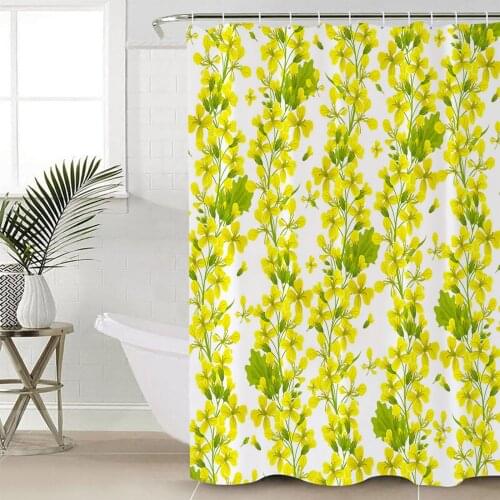 Yellow Flower Green Plant Texture Shower Curtains Waterproof Bathroom Curtain Frabic Polyester Bathroom Curtain with Hooks