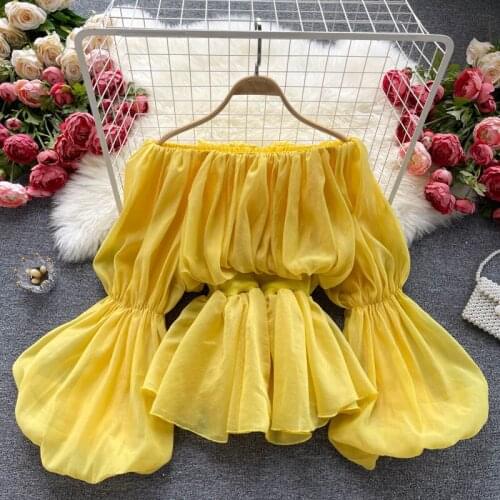 Womens Blouse Solid Off Shoulder Slash Neck Lantern Sleeve Mesh Blouse 2021 Fashion Spring Summer Casual Female Blouse Tops