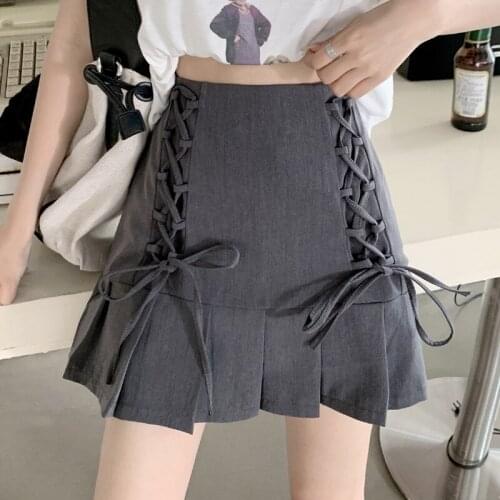 Women Pleated Skirt Summer Solid A Line High Waist Mini Skirts Harajuku Gothic Punk Hip Hop Bow Lace-Up Preppy Girls Sexy Skirt