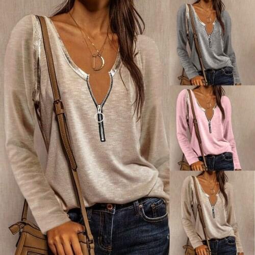 Winter Casual top T-shirt Womens Fashion Solid Color Zipper Long Sleeve V-Neck Loose Shirt Top Female clothing T-shirt