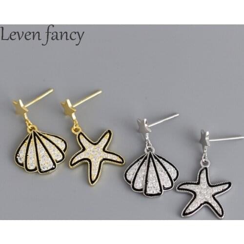 Bohemian Asymmetry Gold Shell Starfish Earrings for Women 2020 Cubic Zirconia Micro Paved CZ Star Drop Earrings Seaside Jewelry