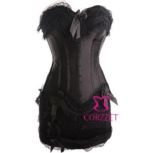 Gothic Clubwear Women Black Lace Up Boned Strapless Overbust Corsets And Bustiers With Skirt Body Shaping Corpetes E Espartilhos