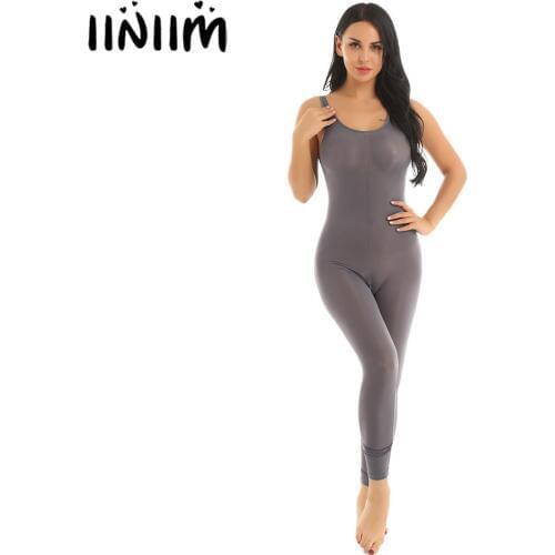 Womens Honey Sexy Costumes See Through Sheer Lingerie Bodystocking Scoop Neck Zipper Crotch Smooth Tank Leotard Catsuit Bodysuit