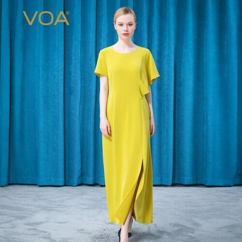 VOA 36m/m Elastic Heavy Crepe Round Neck Is Not Matched Into Short Sleeve Pleat Hem Split Yellow Elegant Silk Dress Female AE797
