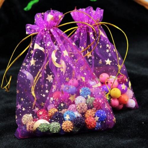 100pcs 9x12cm Drawable Organza Bags Star Moon Fuchsia Pink color Wedding Christmas Gift Bag Jewelry Packaging Bags Pouches