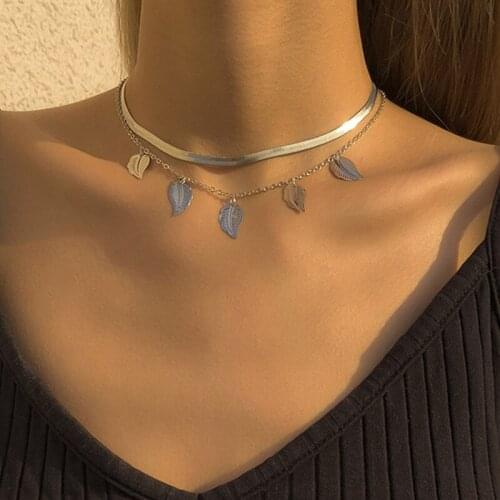 2 Pcs/Set Fashion Snake Chain Choker Necklace Vintage Multilayer Leaf Tassel Clavicle Necklace for Women Jewelry Accessories