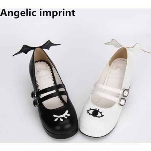 Angelic imprint woman mori girl lolita cosplay shoes lady mid heels pumps women princess dress party shoes angel wings eye 4.5cm