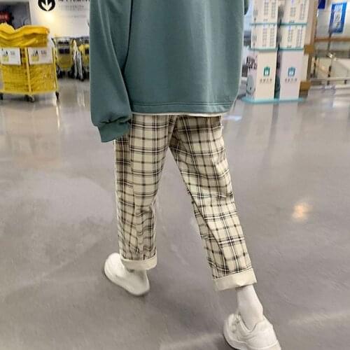 2021 Autumn Winter Women Men Velvet Pants Female Students New Korean Version Loose Plaid Slim Straight-leg Wild Casual Wide-leg