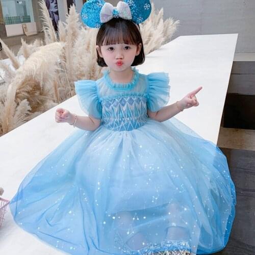 Summer Girls Snow Queen Costume Ruffle Short Sleeve For Kids Christmas Fancy Elza Dress Halloween Holiday Girl Children Clothing
