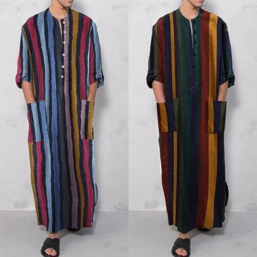 Men Islamic Muslim Kaftan Round Collar Long Sleeve Pockets Vintage Robes National Costume Striped Comfortable Long Gown M-3XL
