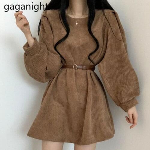 Gaganight casual loose women mini short bodycon dress long sleeves o neck belt chic koran fashion vestidos spring autumn robe
