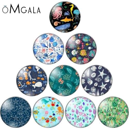 Marine life Starfish shell shark Patterns 10pcs 12mm/18mm/20mm/25mm Round photo glass cabochon demo flat back Making findings