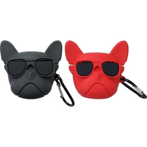 Soft Silicone Protective Case Dog in Glasses Pattern Shockproof Cover Skin Protector with Carabiner for Airpods 1/2 Charging Box
