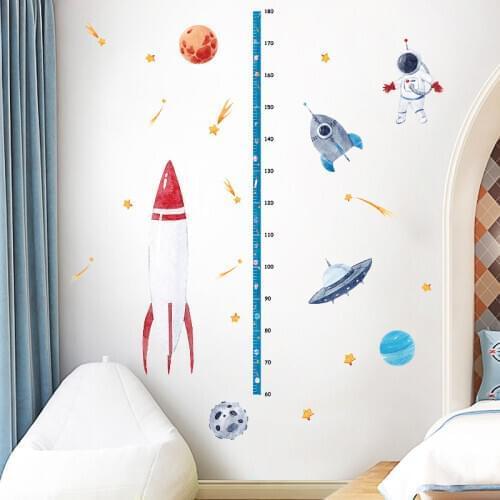 Cartoon Space Rocket Height Measure Wall Sticker For Kids Rooms Growth Chart Nursery Room Decor Wall Art