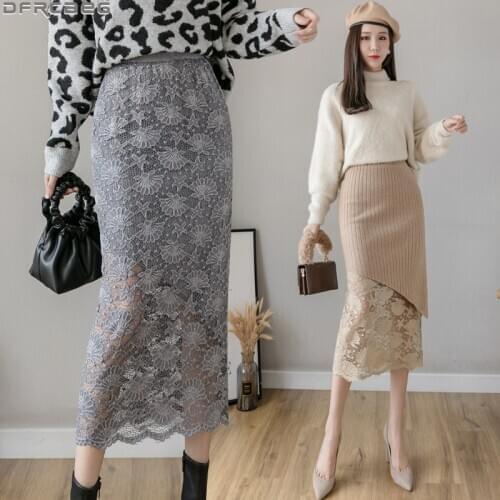 New Splicing Lace Mesh Skirt Women Autumn Winter Knitted Skirts Both Sides Can Wear Bodycon Pencil Skirt Elastic Waist Saia Midi
