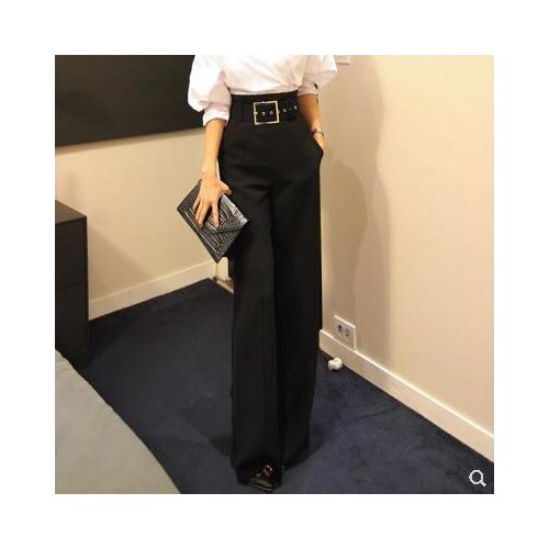 New women korean fashion with belt high waist OL work black color loose wide leg long pants trousers plus size S M L XL XXL