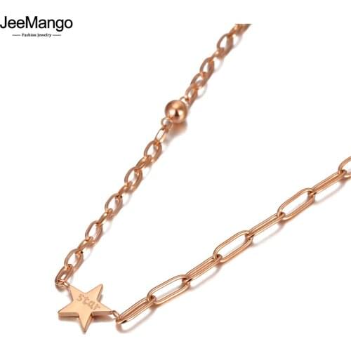 JeeMango Original Design Rose Gold Star Pendant Necklace For Women Stainless Steel CZ Crystal Link Chain Choker Necklace JN20131