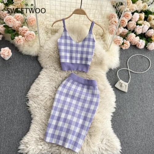 Sweet Plaid Knitted Two Piece Set Women Sexy Crop Top + Bodycon Mini Skirt Set Girls Short Vest & Skirt Suits 2pcs Women Outfits