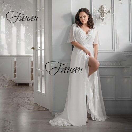 Sexy V-Neck Lace Wedding Dress Short Sleeve Front High Slit Chiffon Floor Length Bridal Gown robe de soirée de mariage Plus Size