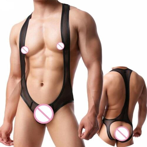 Sexy Mens Underwear See Through Bodysuit Wrestling Singlets Leotard Undershirts Elastic Backless Jumpsuit Gay Jockstrap Briefs