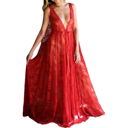 Sexy Women Seethrough One Piece Dress Sleeveless Low Cut Lace Nipped Waist Long Dress for Summer Cosplay