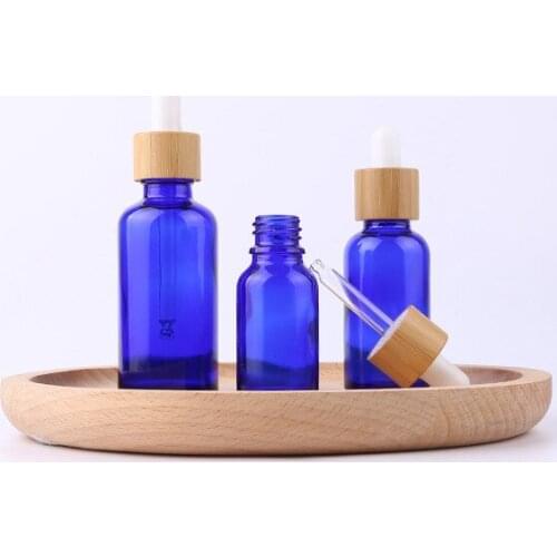 Blue Cosmetic Dropper Container Green Essential Oil Clear Glass Bottle With Bamboo Lid Perfume Bottle Skin Care Packaging Bottle