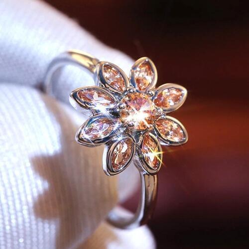 USTAR Luxury AAA Shiny Cubic Zirconia Flower rings for women fashion wedding jewelry silver color engagement rings female anel