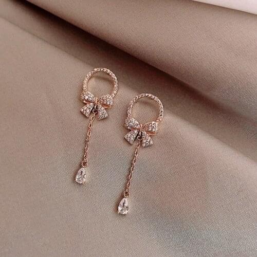 Vintage Female Crystal Bow Drop Earrings Luxury Rose Gold Color Dangle Earrings For Women Elegant White Zircon Wedding Earrings