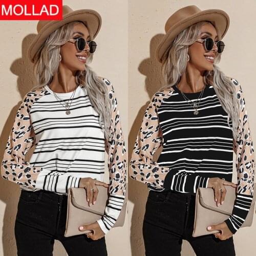 Europe and America Womens Clothing 2021 Autumn New Loose-Fitting Striped Long Sleeves T-shirt Womens round Neck Sweater